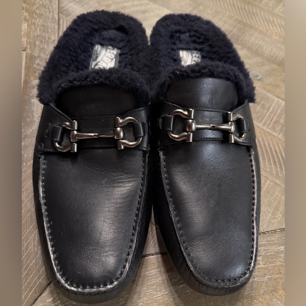 Salvatore Ferragamo Black Leather Shearling-Lined Horsebit Loafers